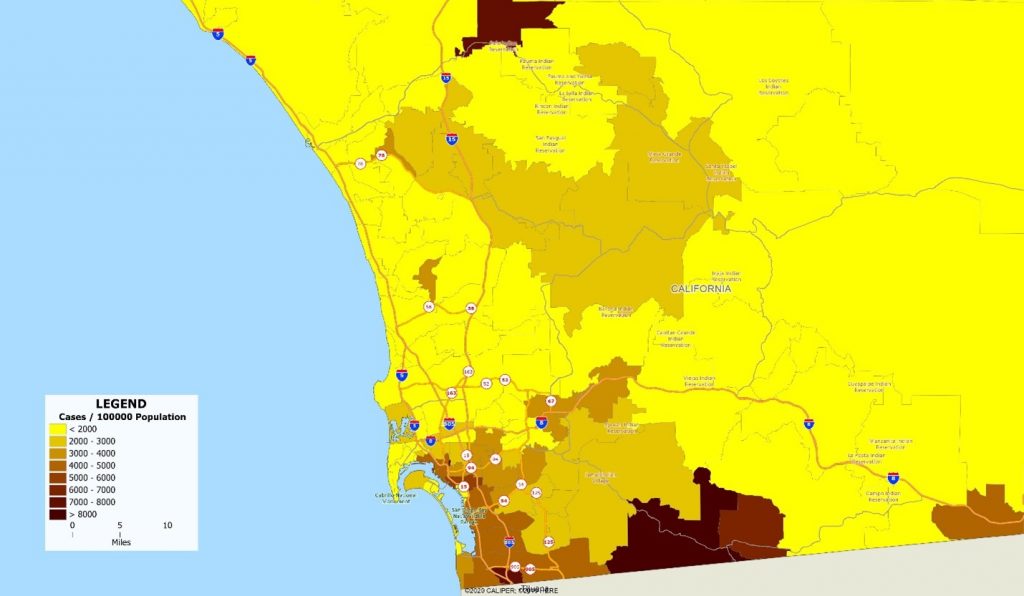 Map of COVID-19 Cases per 100,000 Population as of November 28, 2020 by zip code for San Diego, California.. 